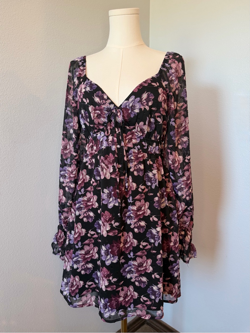 Miami for Francesca’s Floral Long-Sleeve Mini Dress in Black and Purple